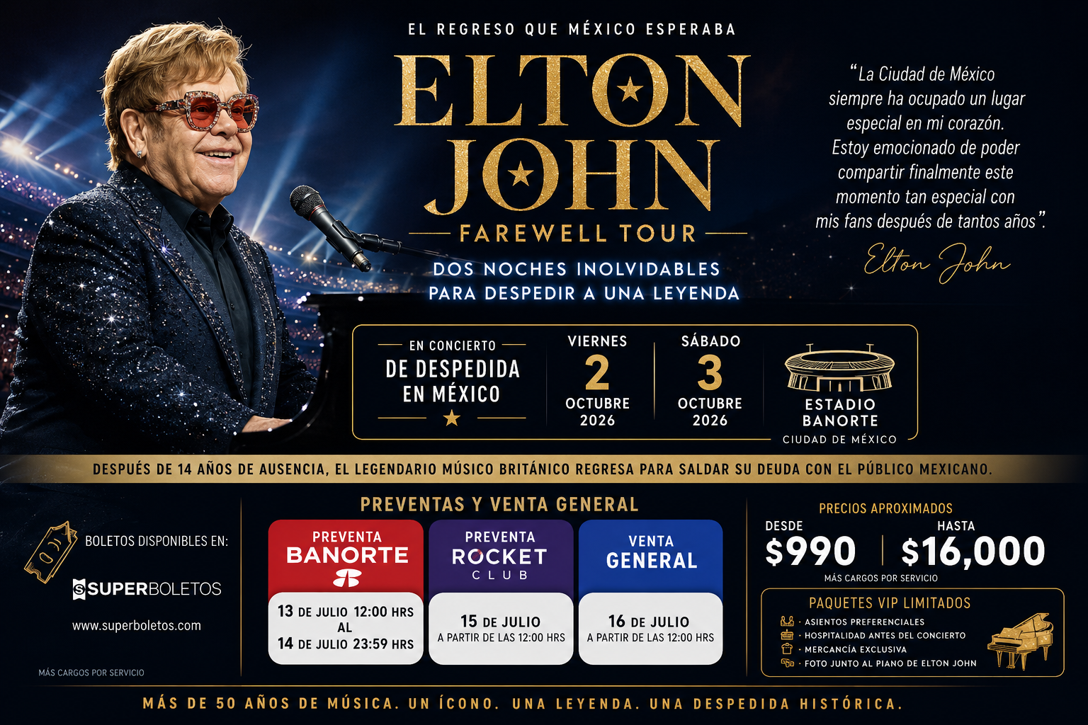 Elton John regresará a México para ofrecer dos conciertos de despedida en el Estadio Banorte